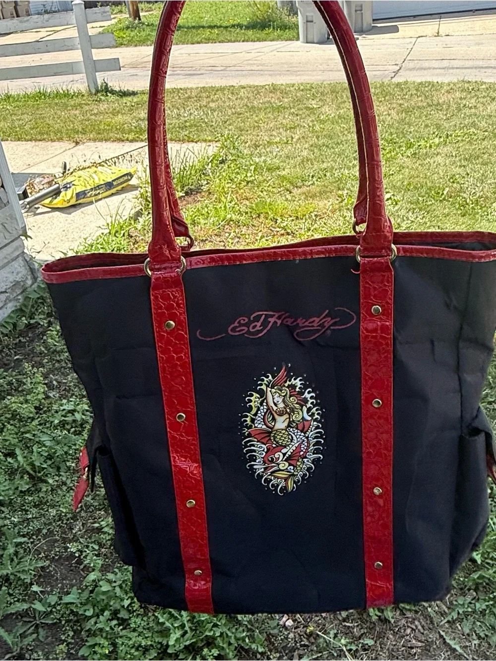 Ed Hardy Black Tote with Red Trim and Tattoo Graphic